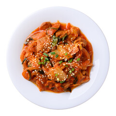 Stir fried kimchi cabbage with pork on plate, Korean food, Top view