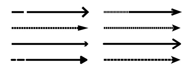 Set of different style long straight vector arrows. Long dashed line arrows