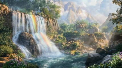 Fototapeta premium Scenic waterfall with rainbow and lush greenery in a mountainous landscape for nature concept 