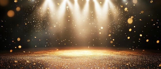stage illuminated by bright spotlights is covered in glittering golden confetti, creating dazzling and festive atmosphere. scene is vibrant and celebratory, perfect for grand event or performance
