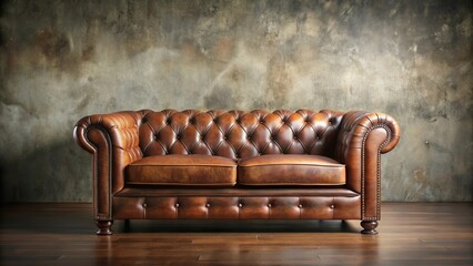 A richly-toned brown leather chesterfield sofa sits elegantly against a textured wall, inviting relaxation and contemplation in a sophisticated interior setting.