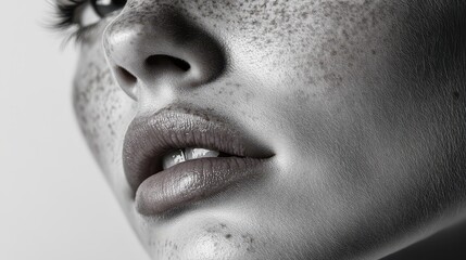 A woman with delicate features and light makeup, her gaze directed downward as her slender finger traced a path beneath her left eye, revealing the subtle contours of her cheekbone. A hint of