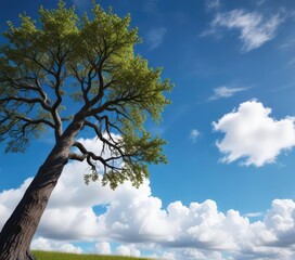 Wenge wooden tree against a vibrant blue sky with fluffy white clouds, fluffy white clouds, wenge