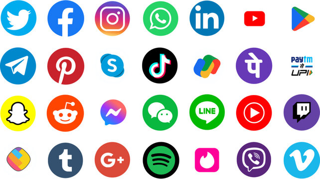 App installation logo. A high-quality social media icon set featuring popular platforms in a modern, transparent, and vector-based round design. Ideal for web, apps, branding, and digital marketing.