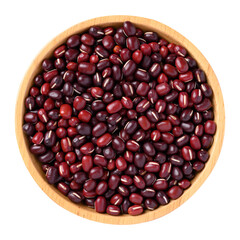 Azuki beans or red mung beans in wooden bowl, Top view