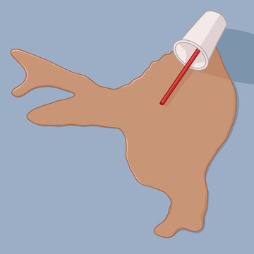 Takeaway Paper Cup of Coffee with Red Straw Spilled on Blue Floor 