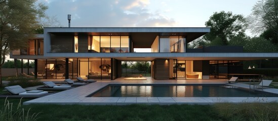 Modern luxury villa or house decoration with swimming pool at evening scene. AI generated image