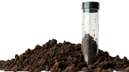 Soil Sample Study: Close-up of a soil sample in a transparent vial, with a pile of fresh soil, conveying scientific analysis and research