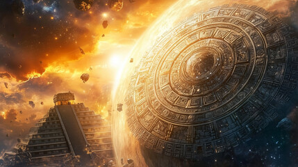 Mayan intergalactic calendar depicting cosmic events near a pyramid under a glowing celestial backdrop