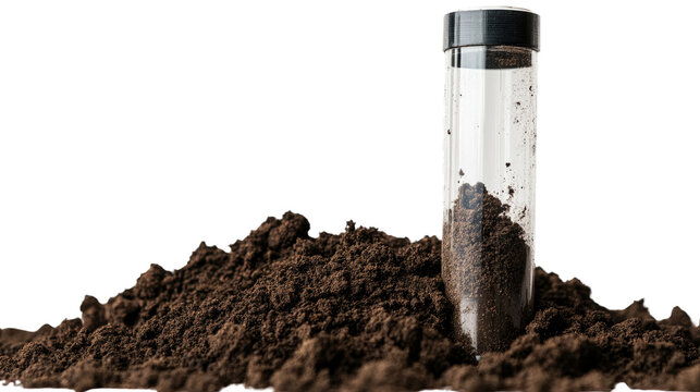 Soil Sample Study: Close-up of a soil sample in a transparent vial, with a pile of fresh soil, conveying scientific analysis and research