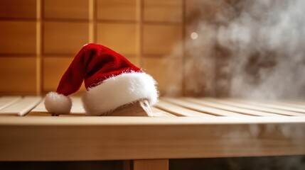 Fototapeta premium A Santa hat perched atop a steaming sauna bench, inviting guests to indulge in a holiday retreat at this spa and wellness salon, offering relaxation and rejuvenation.