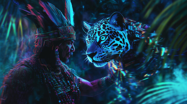 Mayan shaman connects with bio-mechanical jaguar in vibrant jungle setting