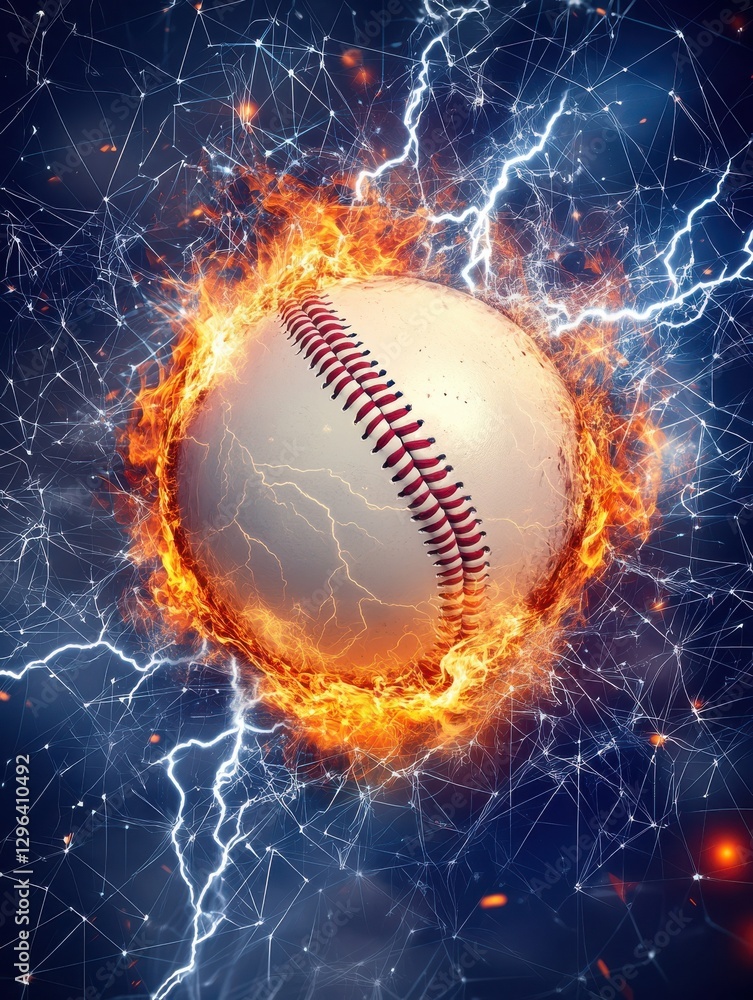 Poster baseball ball on fire and water with lightening around on abstract polygonal background. horizontal 