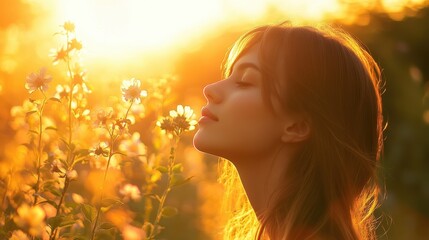A woman, her face lit by the golden rays of a setting sun, inhaled the crisp, clean air of an open park, her lungs filled with the invigorating scent of blooming flowers and the gentle rustle of