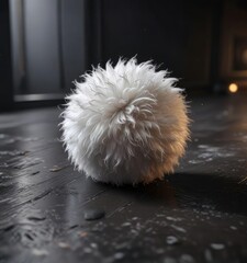 Whiskered ball of fluff leaps across dark floor, playful pet, small cat, feline fun