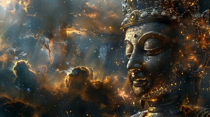 A close-up of a golden Buddha statue with a starry nebula in the background.