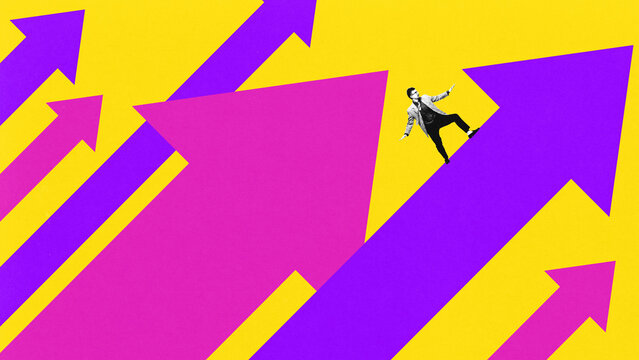 Contemporary art collage. Businessman balancing on large rising arrow amid multiple upward arrows against yellow background. Concept of sales, financial growth, risk-taking, market trends, success.