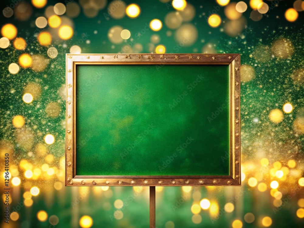 Poster emerald green background with golden bokeh lights – empty space for text - festive poster design