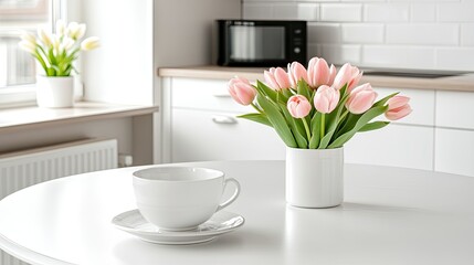 Bright and stylish kitchen showcases white furniture and pink tulips on a wooden table, enhanced by natural light and soft focus