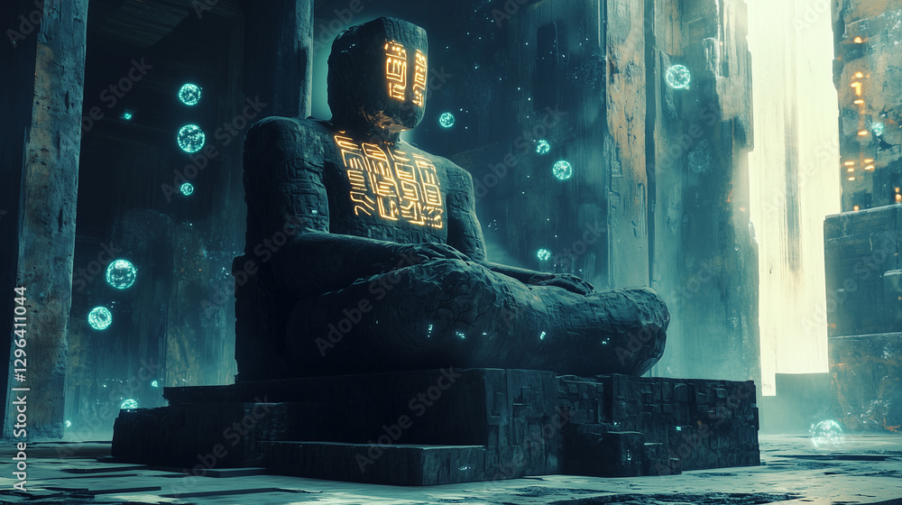 Poster massive humanoid stone figure as a sumerian ai oracle in a mystical ancient setting filled with glow