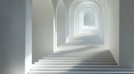 Fototapeta premium White arched hallway stairs, light at end, spiritual peace, architecture design