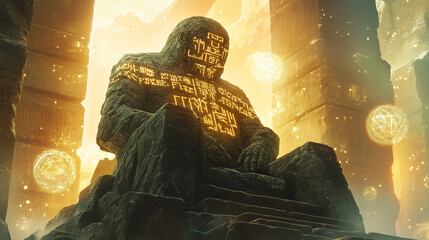 Sumerian AI oracle carved from stone stands in ancient temple, glowing inscriptions illuminating dark chamber