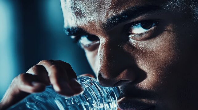 An athlete, his brow furrowed in concentration, quenched his thirst with a cool sip of water from a sleek, clear bottle, the cool liquid revitalizing him as he refocused on his training.