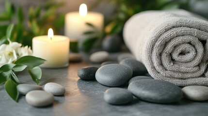 Obraz premium In the tranquil realm of a spa, smooth, grey river stones lay nestled amidst fragrant essential oils, while rolled towels, soft as clouds, draped the armrest of the massage chair. A warm candle