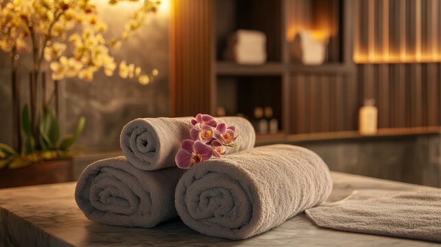 A serene spa setting, where soft, inviting towels drape over plush cushions, orchids bloom in vibrant hues, and the gentle scent of aromatherapy lingers in the air, promising tranquility and