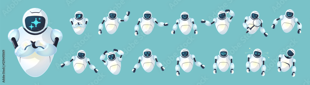 Poster set of ai robot mascot characters. cute futuristic chatbot with various emotions. friendly funny dig