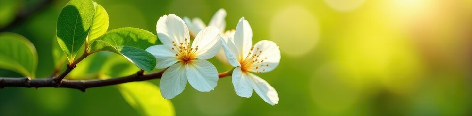 Fototapeta premium White macadamia flowers on a tree branch in full sun, greenery, macadamia