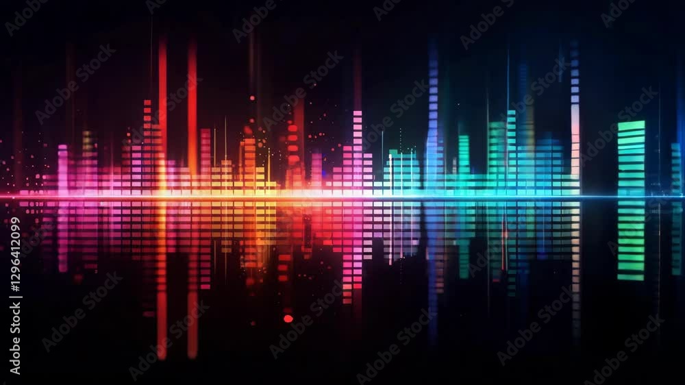 Poster abstract representation of audio spectrum with vibrant colors on dark background