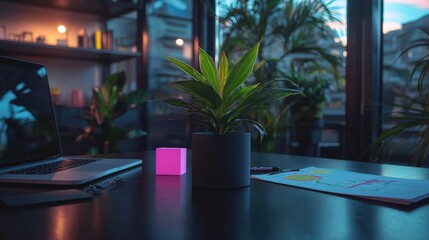 A desk featuring a plant a laptop and other objects