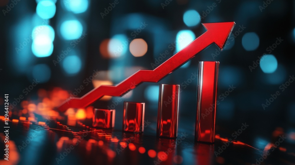 Poster 3d render of red arrow pointing up alongside bar graph, symbolizing growth and success in business. 