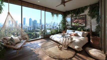 A modern bedroom with a large window, hanging hammock, and rustic decor.