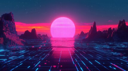 Abstract digital landscape with pixelated elements, symbolizing virtual reality and digital transformation, perfect for tech and gaming visuals. Illustration, Image, , Minimalism,