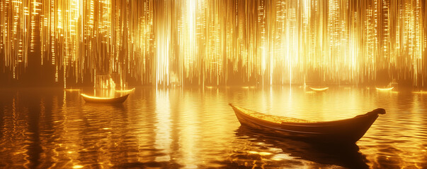 Sumerian digital flood with golden waves and illuminated boats at dusk