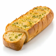 golden and crispy garlic bread with rich buttery flavor, perfectly toasted and isolated on a cwhite background