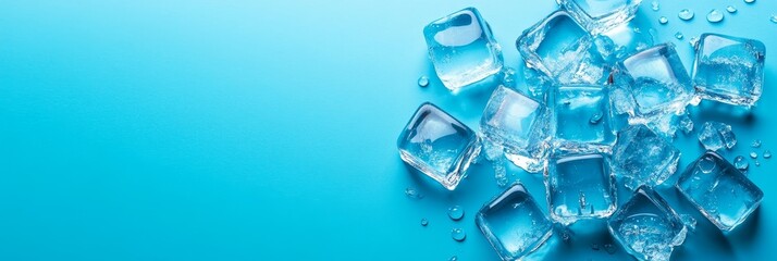 Sparkling Ice Cubes on Blue Background - Close-up of glistening ice cubes scattered on a vibrant blue backdrop, perfect for summer drinks or refreshment concepts