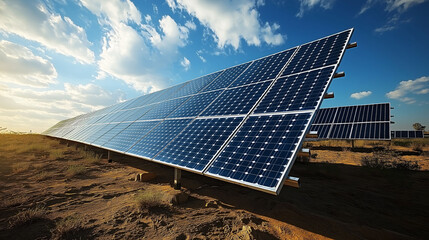 the future of renewable energy with solar panels stretching across a vast desert landscape. This sustainable power source highlights innovation, efficiency, and clean energy solutions.