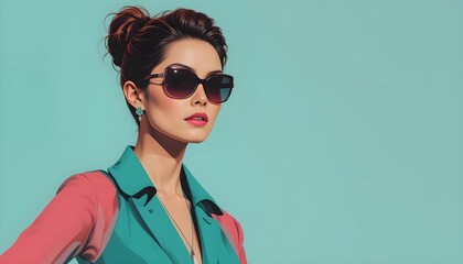 A professional woman in a pop art style, bold colors and thick outlines emphasizing her elegant outfit and confident pose