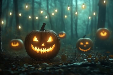Fototapeta premium Spooky Jack O'Lanterns in the Forest - Enchanting Halloween scene, jack-o'-lanterns illuminate a spooky forest path at night, creating a mystical and eerie ambiance. Symbolizing autumn, Halloween