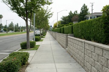 Wide shot of a well-maintained sidewalk lined with concrete block walls and a neat hedge on either side of a modern street, city streets, garden path, sidewalk, modern architecture