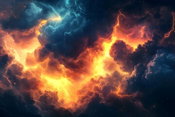 Dramatic storm clouds swirling with vibrant lightning and glowing orange bursts