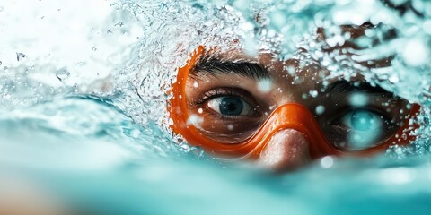 A close-up of a swimmer's face partially submerged, wearing an orange mask, showcasing intense focus amidst splashing water.