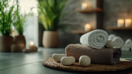Spa accessory composition set in day spa hotel , beauty wellness center . Spa product are placed in luxury spa resort room , ready for massage therapy from professional service . : Generative AI
