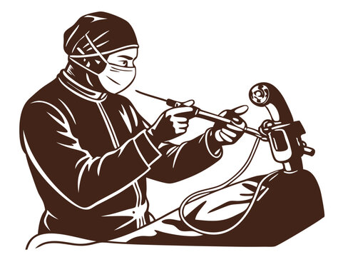 A surgeon using a laparoscope and medical tools during a minimally invasive surgery, isolated on white background.
