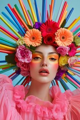 A colorful collage, a surreal portrait of a woman with flowers and a rainbow on her head, vintage cut-out photography
