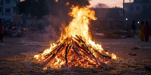 A large traditional bonfire in the evening, with a crowd gathered around. Celebrating Diwali or another cultural event.
