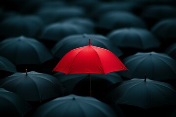 Stand Out From The Crowd - A single red umbrella stands out amongst a sea of dark umbrellas. A powerful of individuality and difference